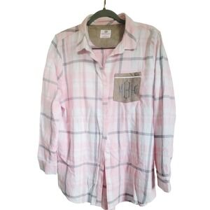 MarleyLilly L Pink Plaid Womens Monogrammed LS Button Down Shirt‎ NEW